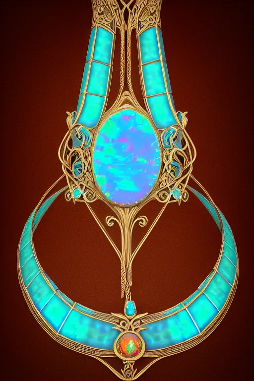 Image similar to historical, art nouveau, opals and cyan gemstone choker, glowing inside, octane render, realistic, dramatic light, 3 d, photograph 4 k,