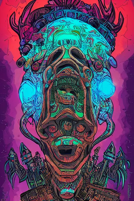 Image similar to totem animal tribal chaman vodoo mask feather gemstone plant wood rock video game illustration vivid color borderlands by josan gonzales and dan mumford radiating a glowing aura