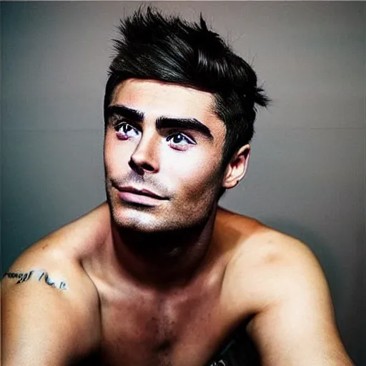 Image similar to “a realistic detailed photo of a guy who is an attractive humanoid who is half robot and half humanoid, who is a male android, Zac Efron, shiny skin”