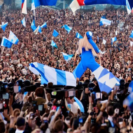 Image similar to Lady Gaga as president, Argentina presidential rally, Argentine flags behind, bokeh, giving a speech, detailed face, Argentina