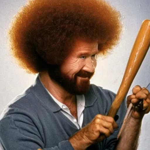 Image similar to bob ross smashing his canvas with a baseball bat, tv show, photography, destructive,