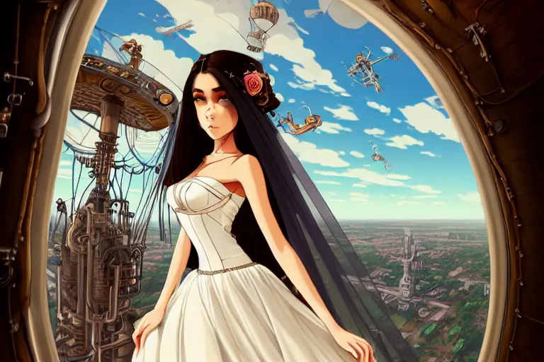 Prompt: beautiful digital steampunk art of madison beer in a wedding dress, standing on the balcony of an airship, symmetrical face, beautiful eyes, trending on art station, 8 k, award - winning photo, highly detailed scene, vibrant art by studio ghibli