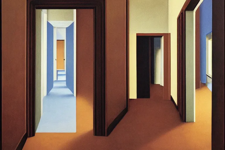 Image similar to hallway of doors by rene magritte, detailed painting, hd, hq, high resolution, high detail, 4 k, 8 k