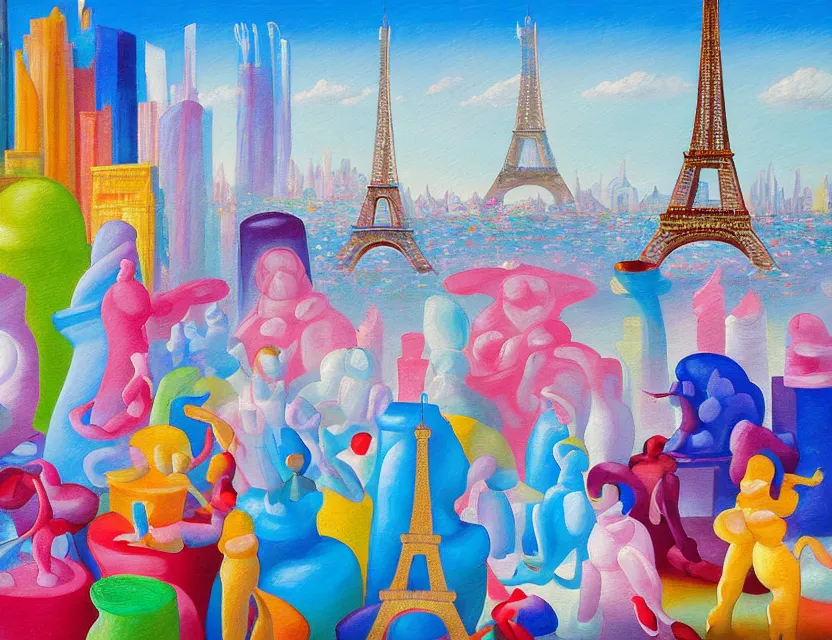 Prompt: a funny impressionistic painting of ice sculptures made of colorful icecream in the shape of the skyline of paris with eiffel tower on a very sunny summer day, very hot and the ice is melting fast and people are swimming their way through in the icecream in the style of james jean and fernando botero