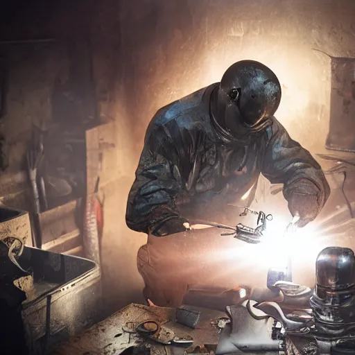 Image similar to half rusted old egg beater half stun - gun, balding older cyborg repairing, red hot soldering iron, dark messy smoke - filled cluttered workshop, dark, dramatic lighting, orange tint, cinematic, highly detailed, sci - fi, futuristic, movie still from blade runner