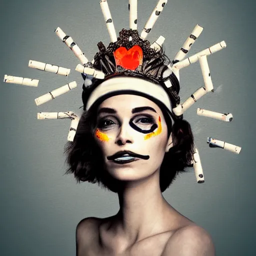 Image similar to full body potrait of a woman. woman is wearing a crown made of cigarettes. Woman is wearing a skull mask. Smoke effects forms question mark. Digital painting. Art station. Mood lighting. - h 1200