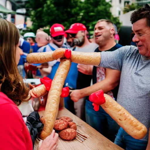 Prompt: maga supporters tickling each other with sausages, canon eos r 3, f / 1. 4, iso 2 0 0, 1 / 1 6 0 s, 8 k, raw, unedited, symmetrical balance, in - frame