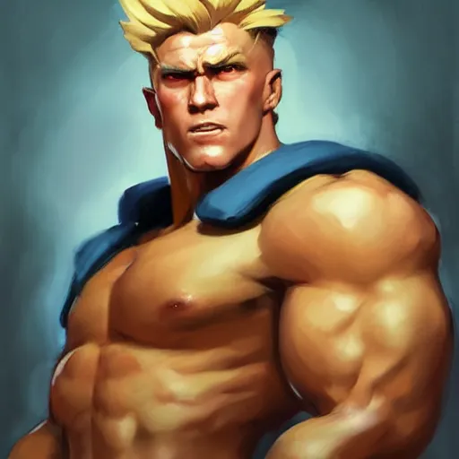 Image similar to greg manchess portrait painting of guile from street fighter as overwatch character, medium shot, asymmetrical, profile picture, organic painting, sunny day, matte painting, bold shapes, hard edges, street art, trending on artstation, by huang guangjian and gil elvgren and ross tran