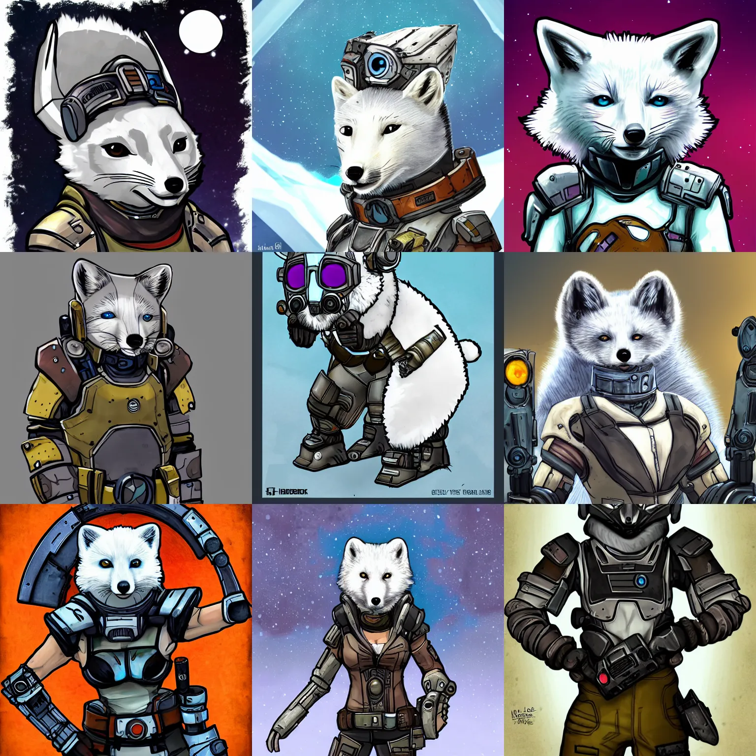 Prompt: portrait of a cute arctic fox wearing full heavy sci fi armor in the style of borderlands by gearbox software