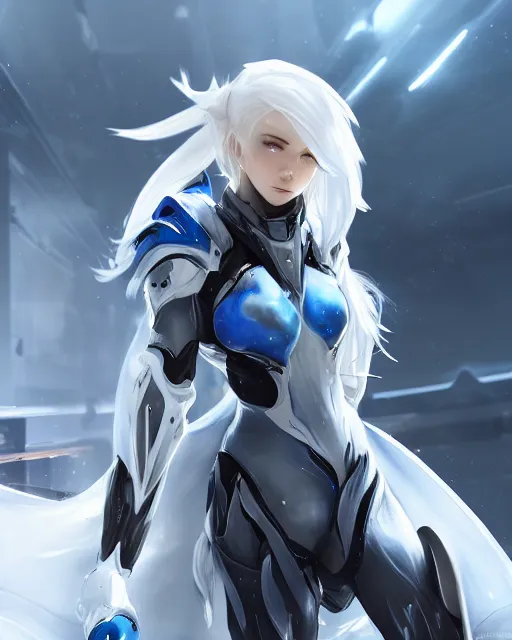 Image similar to perfect white haired girl, warframe armor, beautiful, pretty face, blue eyes, detailed, windy weather, scifi platform, laboratory, experiment, 4 k, ultra realistic, epic lighting, cinematic, high detail, masterpiece, akihito tsukushi