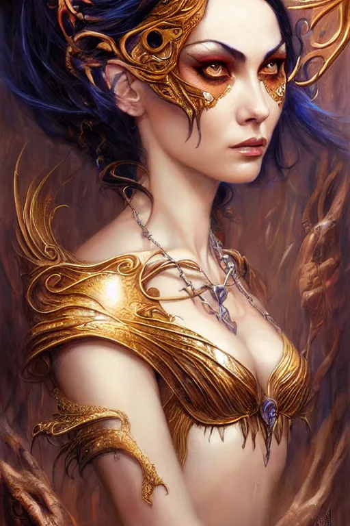 Image similar to a female sorceress by karol bak and vargas, beautiful detailed eyes, cute, fantasy, intricate, elegant, highly detailed, digital painting, 4 k, hdr, concept art, detailed jewelry, smooth, sharp focus, illustration, art by artgerm