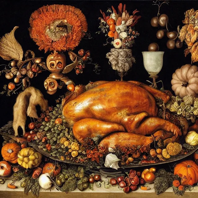 Prompt: victorian thanksgiving feast, black background, vanitas, still life by giuseppe arcimboldo, intricate high detail masterpiece