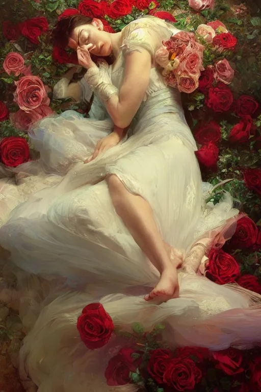 Prompt: an intricate artistic painting of a beautiful bed of roses with painterly motives and textures, hyper detailed, sleeping beauty, octane render, vivid colors, artstation, by jeremy mann, by alphonse mucha, by boris vallejo