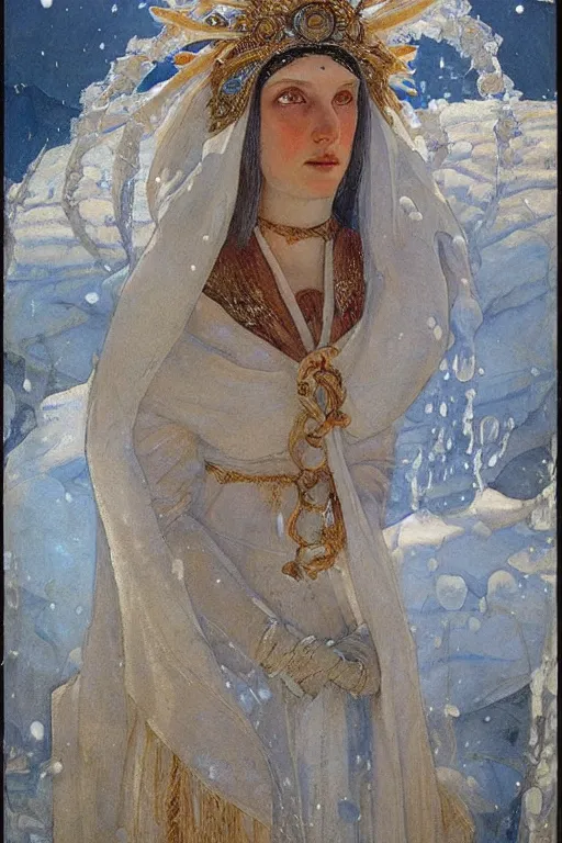Image similar to queen of snow and ice by Annie Swynnerton and Nicholas Roerich, strong dramatic cinematic lighting , ornate headdress , flowing robes, lost civilizations, smooth, sharp focus, extremely detailed