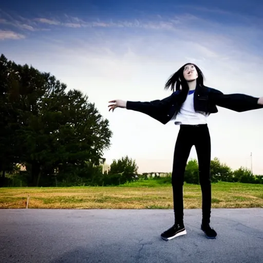 Image similar to 1 7 - year - old pale - skinned girl with black long bob cut, long bangs, black gothic jacket, black jeans, flying through sky, ultra - high jump, late evening, blue hour, cirrus clouds, pearly sky, ultra - realistic, sharp details, subsurface scattering, blue sunshine, intricate details, hd anime, 2 0 1 9 anime