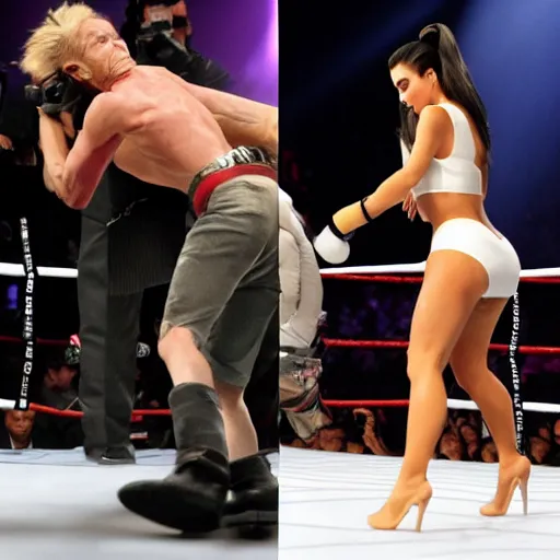 Prompt: willem dafoe fight kim kardashian in ring