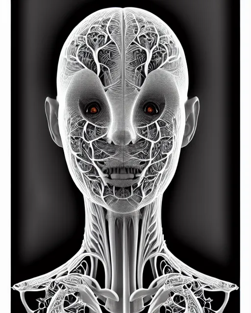 Image similar to a contrasted black and white 3D render of a beautiful female vegetal-dragon-cyborg, 150 mm, orchid stems, ivy, Mandelbrot fractal, anatomical, flesh, facial muscles, microchip, veins, arteries, full frame, microscopic, elegant, highly detailed, flesh ornate, elegant, high fashion, rim light, octane render, 8K in the style of Man Ray