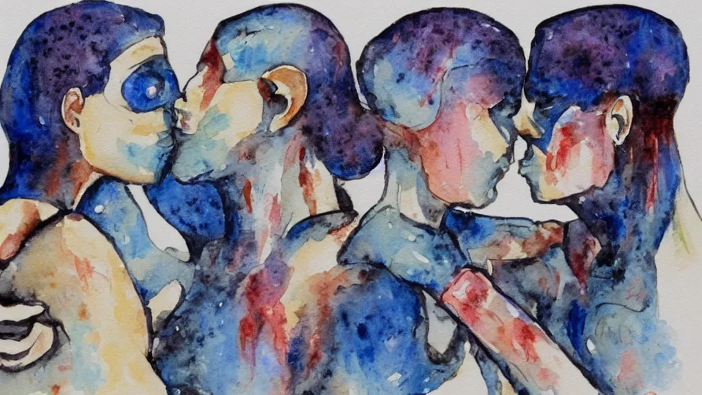 Image similar to watercolor of two cyborgs kissing