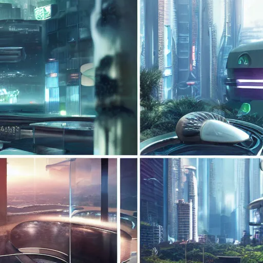 Prompt: a cinematic composition depicting : we're overlooking out of a window how high tech lush solarpunk tribe collaborating with their technologic android helpers are encroaching a cyberpunk resort sauna at sunrise, square lines, ghost in the shell, building architecture by santiago calatrava