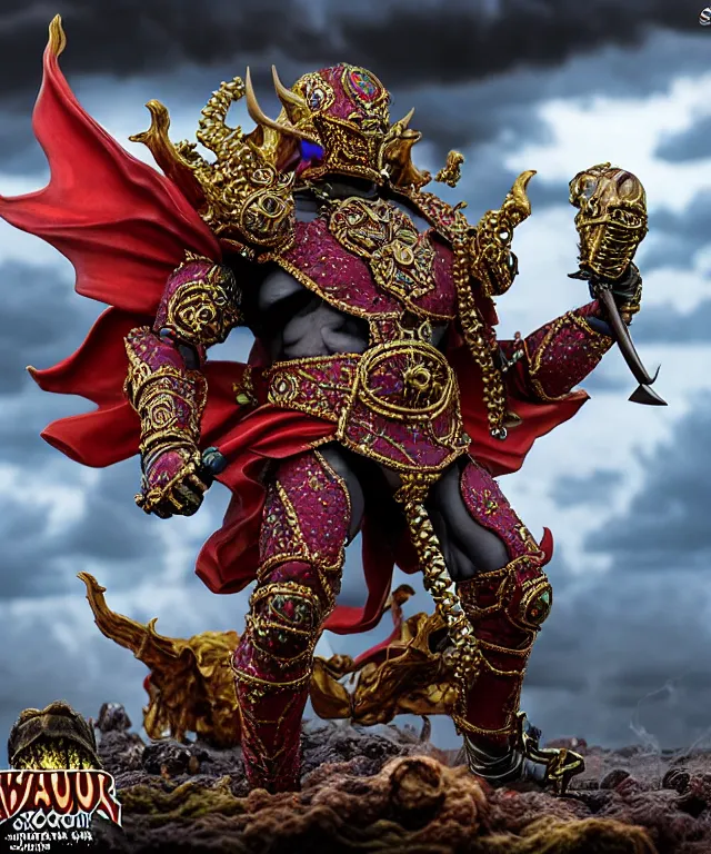 Image similar to hyperrealistic rendering, epic ornate supreme demon overlord, jewel crown, war armor battle, by art of skinner and richard corben, product photography, collectible action figure, sofubi, hottoys, storm clouds, outside, lightning