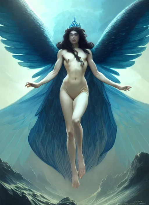 Image similar to a beautiful cinematic female archangel queen, fantasy sea landscape, fantasy magic, short aqua blue black fade hair, dark light night, intricate, elegant, sharp focus, illustration, highly detailed, digital painting, concept art, matte, art by WLOP and Artgerm and Greg Rutkowski and Alphonse Mucha, masterpiece