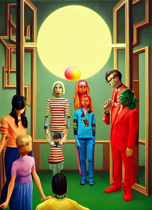 Prompt: painting of a gucci costumed family being shown how to open magic portals by a large glowing alien in their suburban living room maze, designed by gucci and wes anderson, energetic glowing orbs in the air, cinematic look, in the style of edward hopper, james jean, petra collins and mc. escher