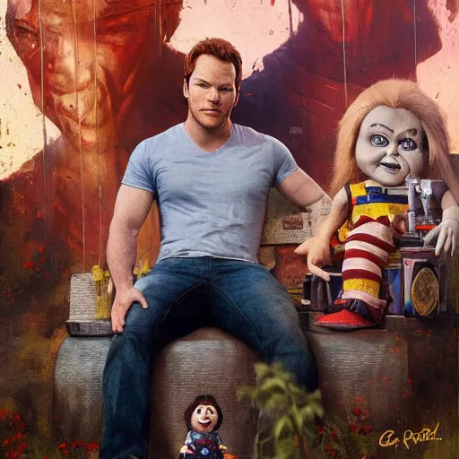 Image similar to the actor chris pratt sitting beside the doll chucky, disney land as backdrop, oil painting, by greg rutkowski