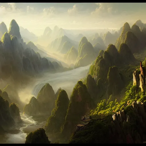 Image similar to a beautiful matte painting of between heaven and earth, wind and clouds, tsunamis, magnificent mountains and rivers, huge palaces and castles ， morning sun, hanging gardens ， magnificent and very vast. greg rutkowski ， eddie h. hinestroza ， clarity, 4 k hd