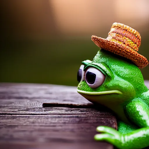 Prompt: baby pepe the frog wearing a very very small sombrero, sitting on a log, pixar, disney, dynamic lighting, bokeh