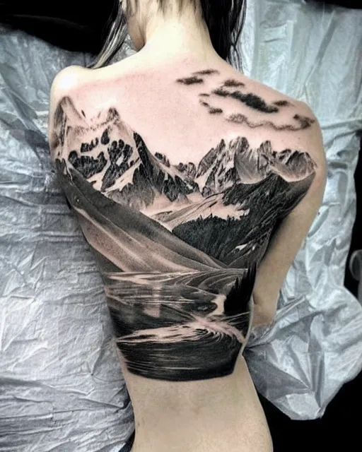 Image similar to double exposure effect tattoo design sketch of megan fox with amazing mountain scenery, realism tattoo, in the style of den yakovlev, amazing detail, sharp