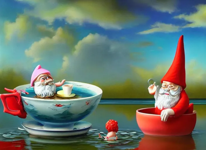 Image similar to a garden gnome sailing in a teacup, whimsical background of a reflective pond on a sunny day with dramatic clouds, an ultrafine detailed painting by mark ryden, trending on deviantart, pop surrealism, whimsical, lowbrow, joyous