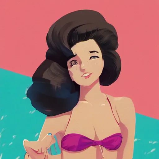 Image similar to portrait of a beautiful girl with dark 1950's style hair dressed in 1950's swimsuit, sunny beach, rich vivid colors, ambient lighting, dynamic lighting, 4k, HQ, official media, anime key visual, makoto shinkai, ilya kuvshinov, lois van baarle, rossdraws, detailed, trending on artstation