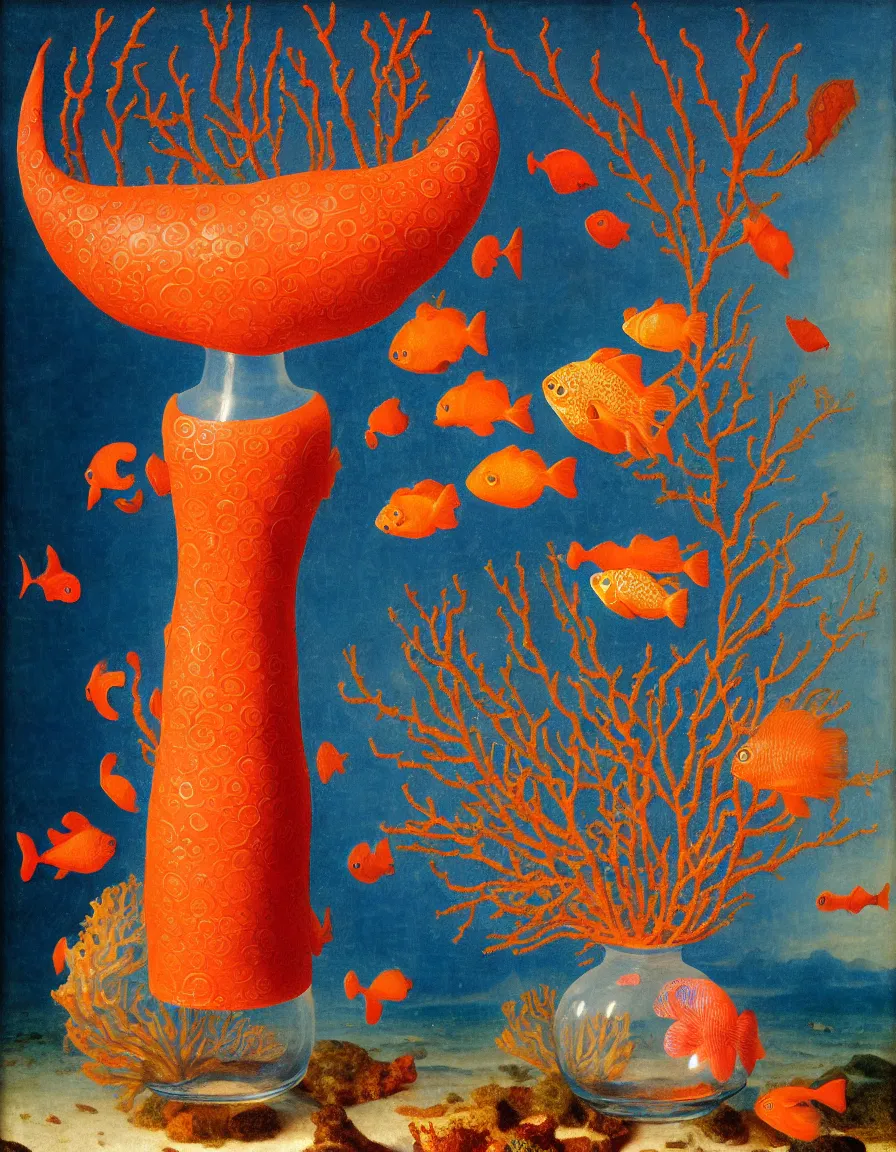 Image similar to bottle vase of coral under the sea and in the sky decorated with a dense field of stylized scrolls that have opaque outlines enclosing mottled blue washes, with orange shells and purple fishes, ambrosius benson, oil on canvas, hyperrealism, around the edges there are no objects