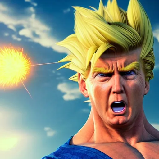 Prompt: photorealistic professional digital art of a highly detailed super sayan trump. accurate trump's face. he flies in the sky preparing a kamehameha. octane render, clear, intricate, highly detailed, unreal engine 5.