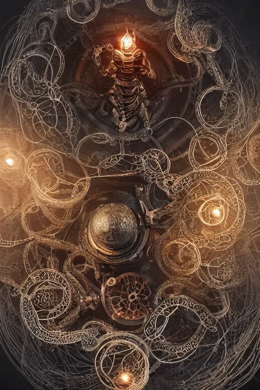 Image similar to an immaculate render of a metallic spiral made of old modular robot parts spawning cables and bird wings floating in a temple surrounded by wild tentacles made from mandalas and incense smoke, powerful, cinematic, beautifully lit, by craig mullins, by galan pang, 3 d, trending on artstation, octane render, 8 k