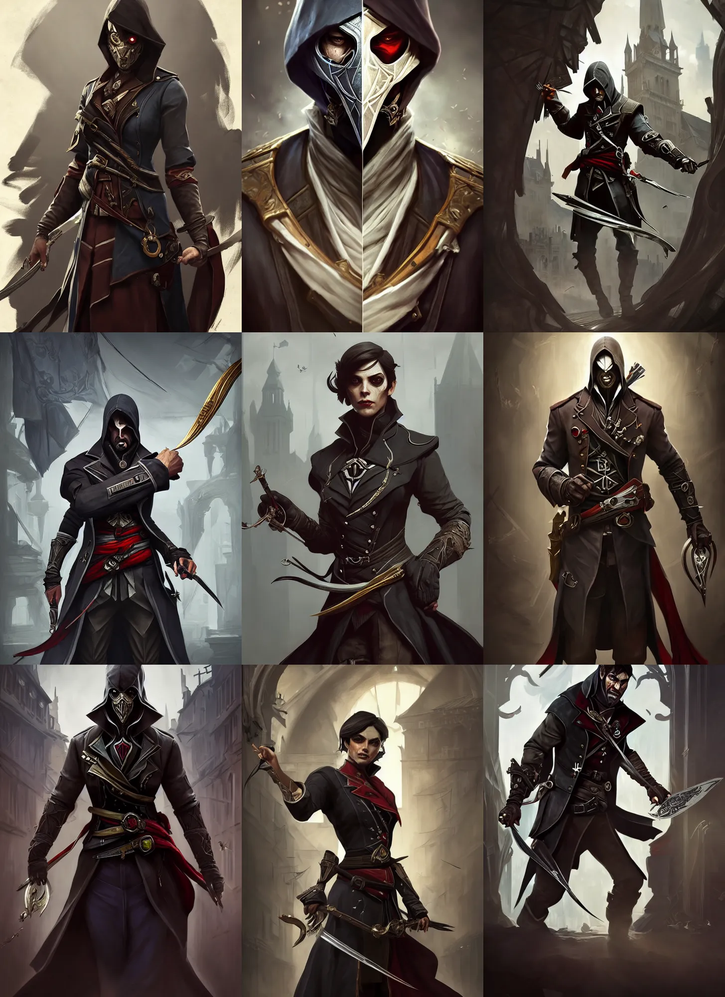 Prompt: characters from the game dishonored combined with assassin's creed unity, d & d, fantasy, intricate, elegant, highly detailed, digital painting, artstation, concept art, matte, sharp focus, illustration, hearthstone, art by artgerm and greg rutkowski and alphonse mucha