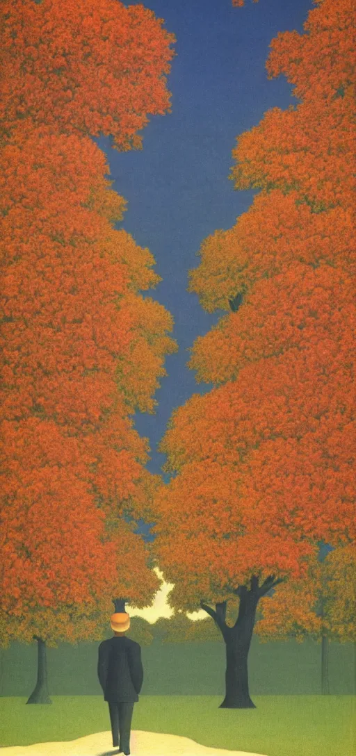 Image similar to Philosopher walking in the park on an Autumn day at sunset by Rene Magritte. Leaves falling. Shadows.