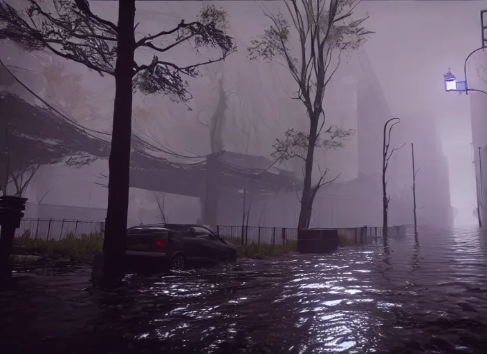 Image similar to dark, misty, foggy, flooded, new york city swamp street in destiny 2, rain, liminal, dark, dystopian, large creatures in distance, abandoned, highly detailed 4 k 6 0 fps in - game destiny 2 gameplay screenshot leak