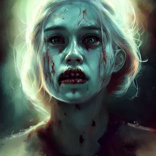 Image similar to a zombie Daenerys, by WLOP, horror, wounds, bloody, dark fantasy, trending on artstation