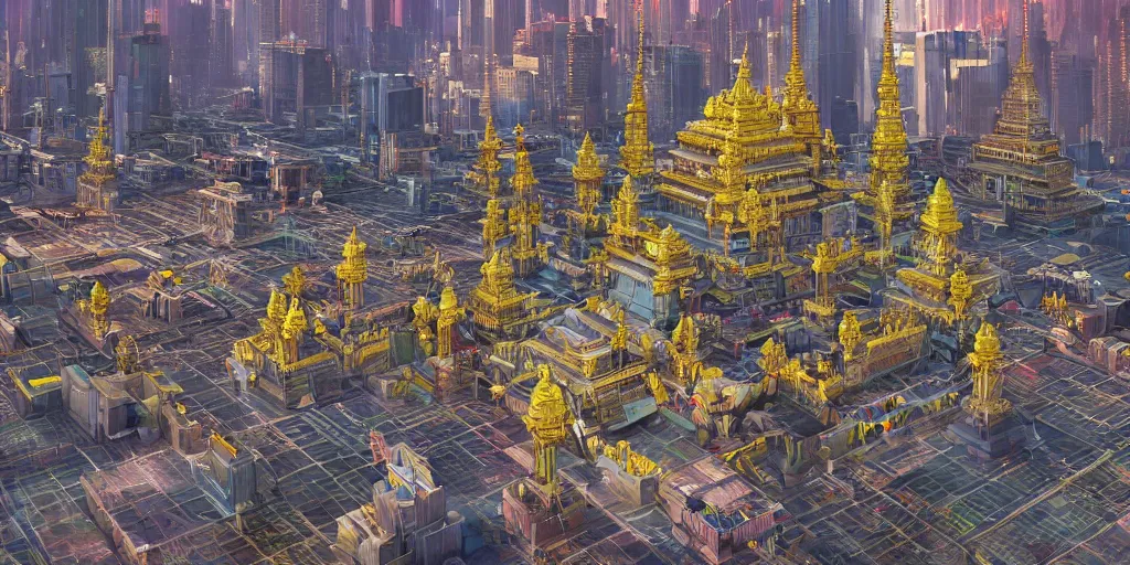 Prompt: A trending digital art of an aerial shot of a cyberpunk style grand Hindu temple in a futuristic city