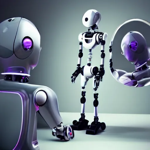 Prompt: a robot looking at itself on the mirror, low-angle, photorealistic, !!award-winning!!