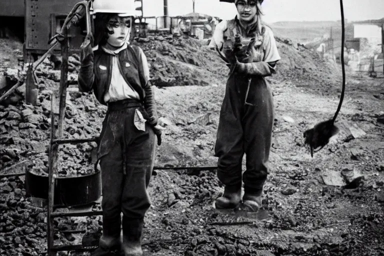 Image similar to anime catgirl working in a coal mine, 3 5 mm historical photography