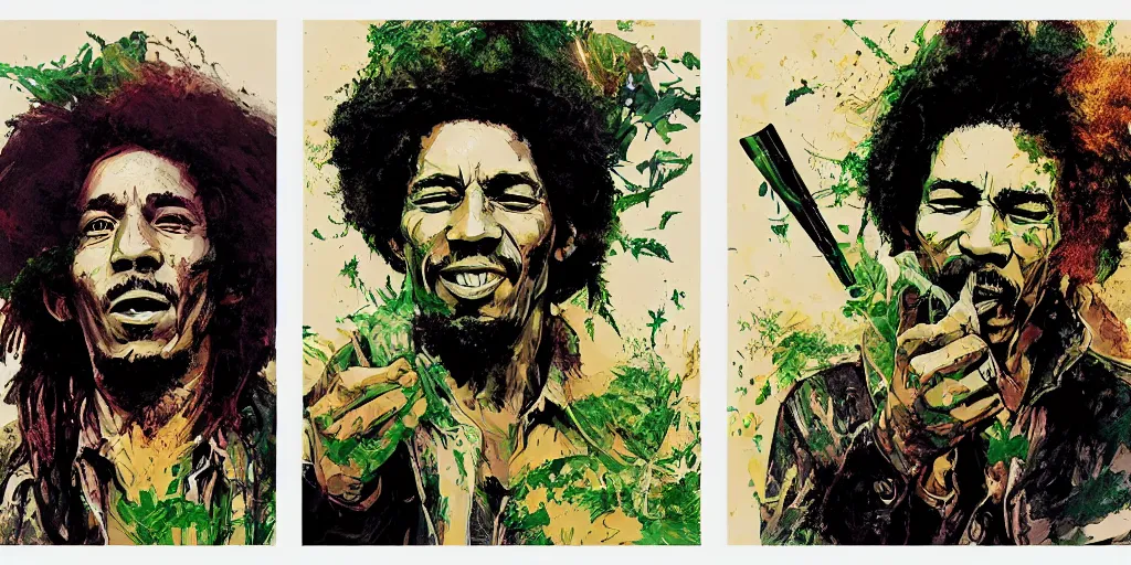 Image similar to Bob Marley and Jimi Hendrix smoking herb, very detailed, Green Smoke, large white border, hd, high resolution print :1 Red, Gold and Green by Sachin Teng, Tom Bagshaw, Greg Rutkowski, Carne Griffiths, trending on deviant art :1