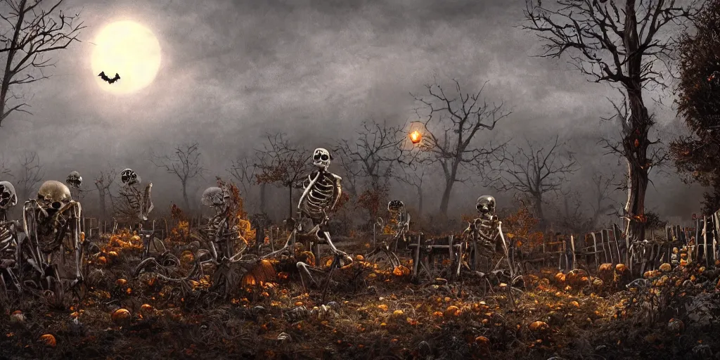 Prompt: a halloween landscape with few skeletons two ghosts and one witch around in november, by Ernest deutsch + Ted Nasmith, cinematic lighting, masterpiece, highly detailed, 8k resolution, trending on art station