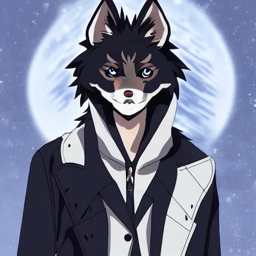 Image similar to key anime visual portrait of an anthropomorphic anthro wolf fursona, in a jacket, with handsome eyes, official modern anime art