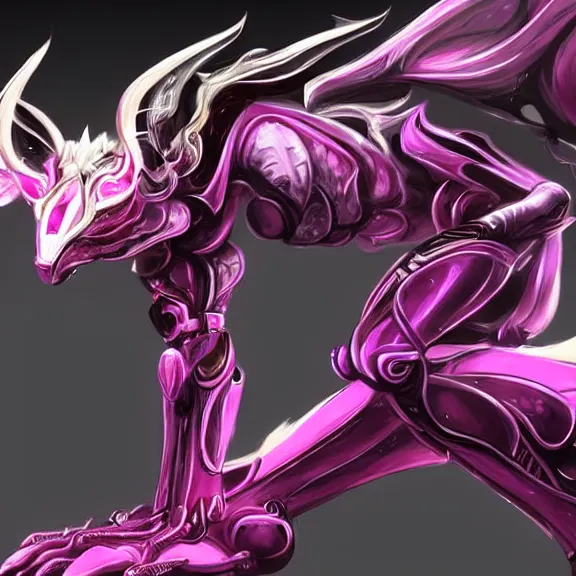 Image similar to highly detailed exquisite fanart, of a beautiful female warframe, but as an anthropomorphic elegant robot female dragoness, robot dragon head with glowing eyes shiny and smooth off-white plated armor, Fuchsia skin beneath the armor, sharp claws, long sleek tail behind, robot dragon hands and feet, standing elegant pose, close-up shot, full body shot, epic cinematic shot, professional digital art, high end digital art, singular, realistic, DeviantArt, artstation, Furaffinity, 8k HD render, epic lighting, depth of field