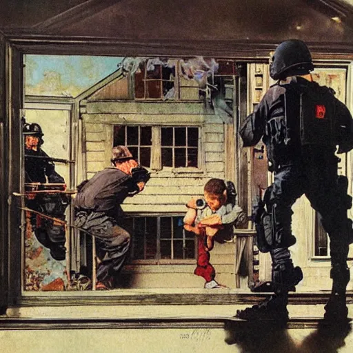 Image similar to A Norman Rockwell painting of a house being raided by a SWAT team, detailed, masterpiece