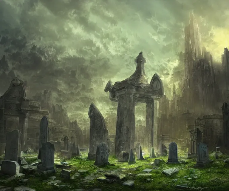 Image similar to a city of tombs and tombstones, graveyard landscape, giant grave structures, giant tomb structures, dark fantasy, digital art, fantasy art