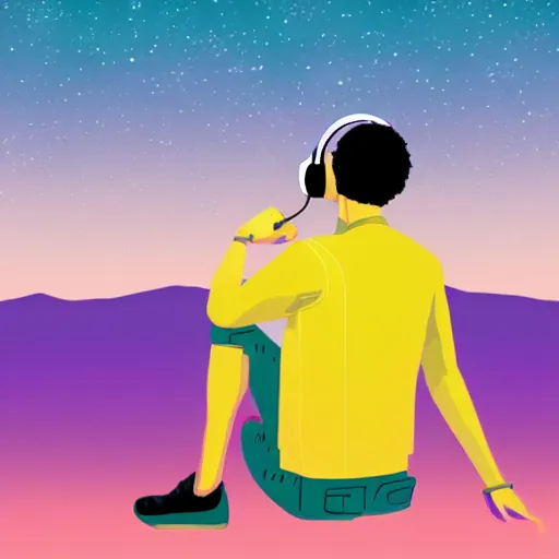 Prompt: male wearing headphones sitting on the moon, calm, soothing, relaxed, cosy, quiet, elegant, style of vaporwave, neon, futuristic, 80's,