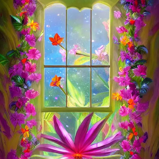 Prompt: a window full of tropical flowers, inside the window you can see the galaxy, fantasy art, trend in artstation